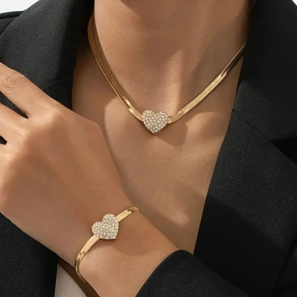 Heart Diamond Inlaid Snake Chain Necklace & Bracelet